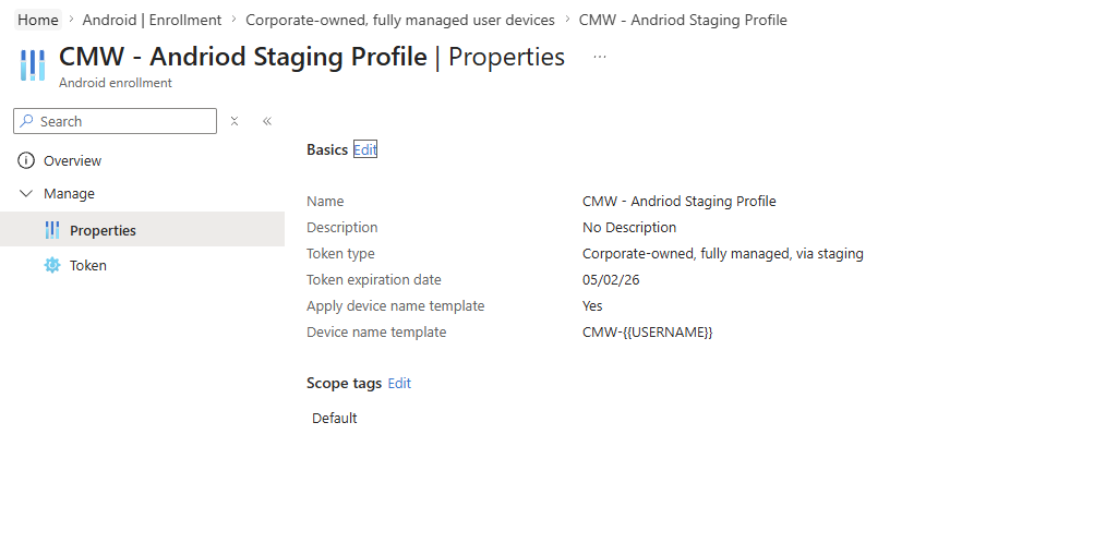 Android staging enrollment token screen